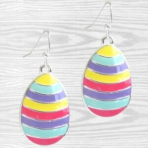 Easter Egg Brightly Striped Hook Style Earrings with Silver Hardware NEW